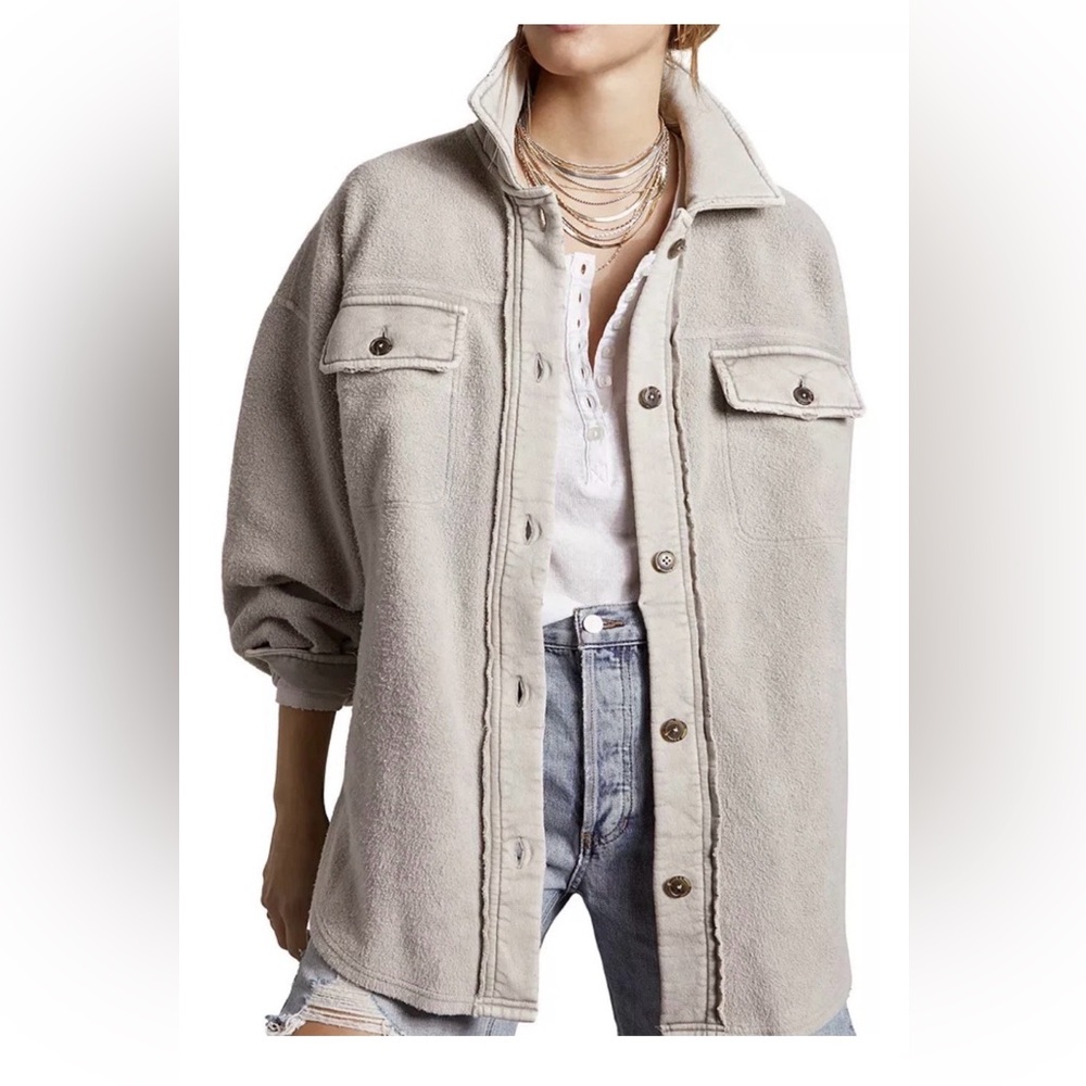 Free People Ruby Teddy Jacket Neutral Fleece Beige Sz Large Shacket Used